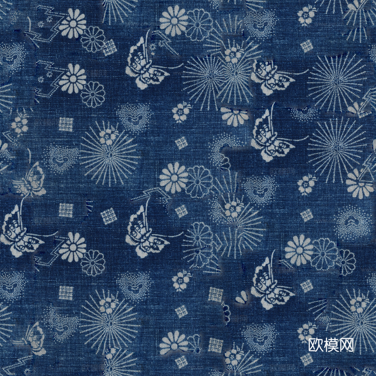 复古蓝印花传统蓝色印染印花布纹2