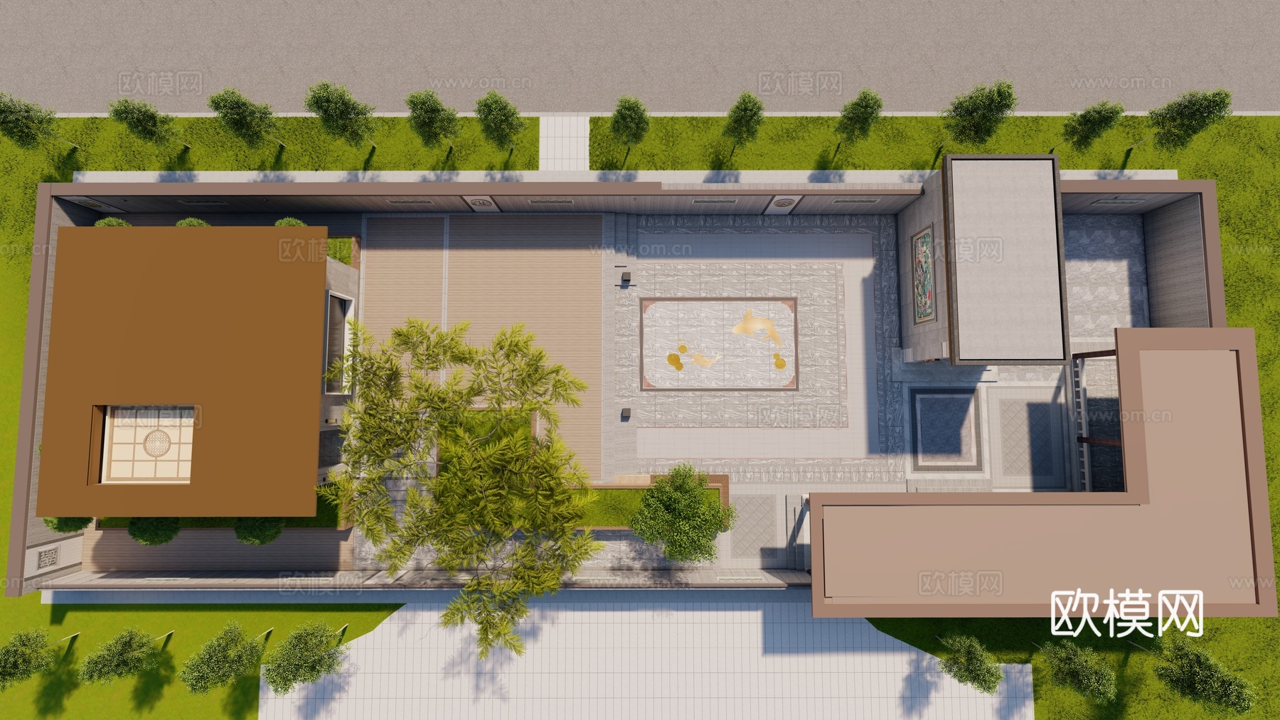 中式 新中式 庭院 屋顶花园 中式连廊 门头 中式浮雕壁画su模型