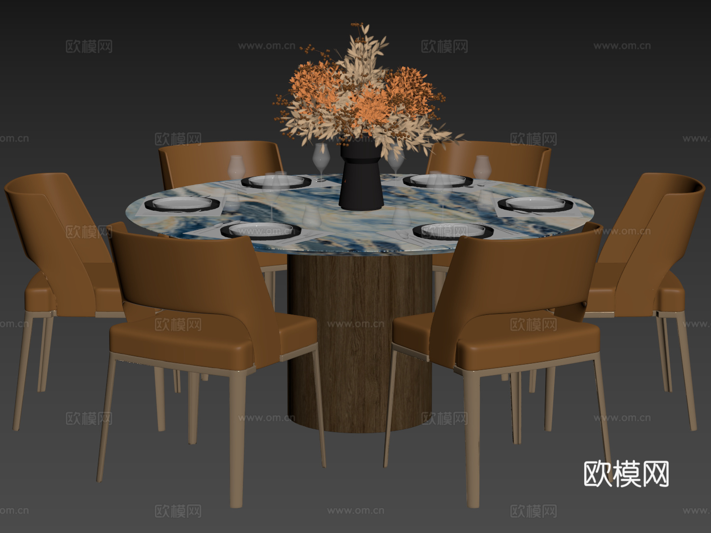 现代轻奢餐桌椅 餐桌组合 圆形餐桌 包厢餐桌椅 多人餐桌椅su模型