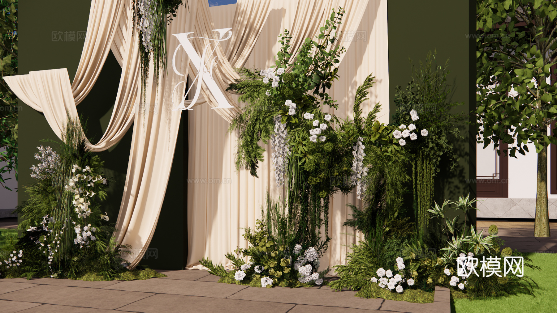 小众自然系白绿花艺婚礼布幔美陈su模型