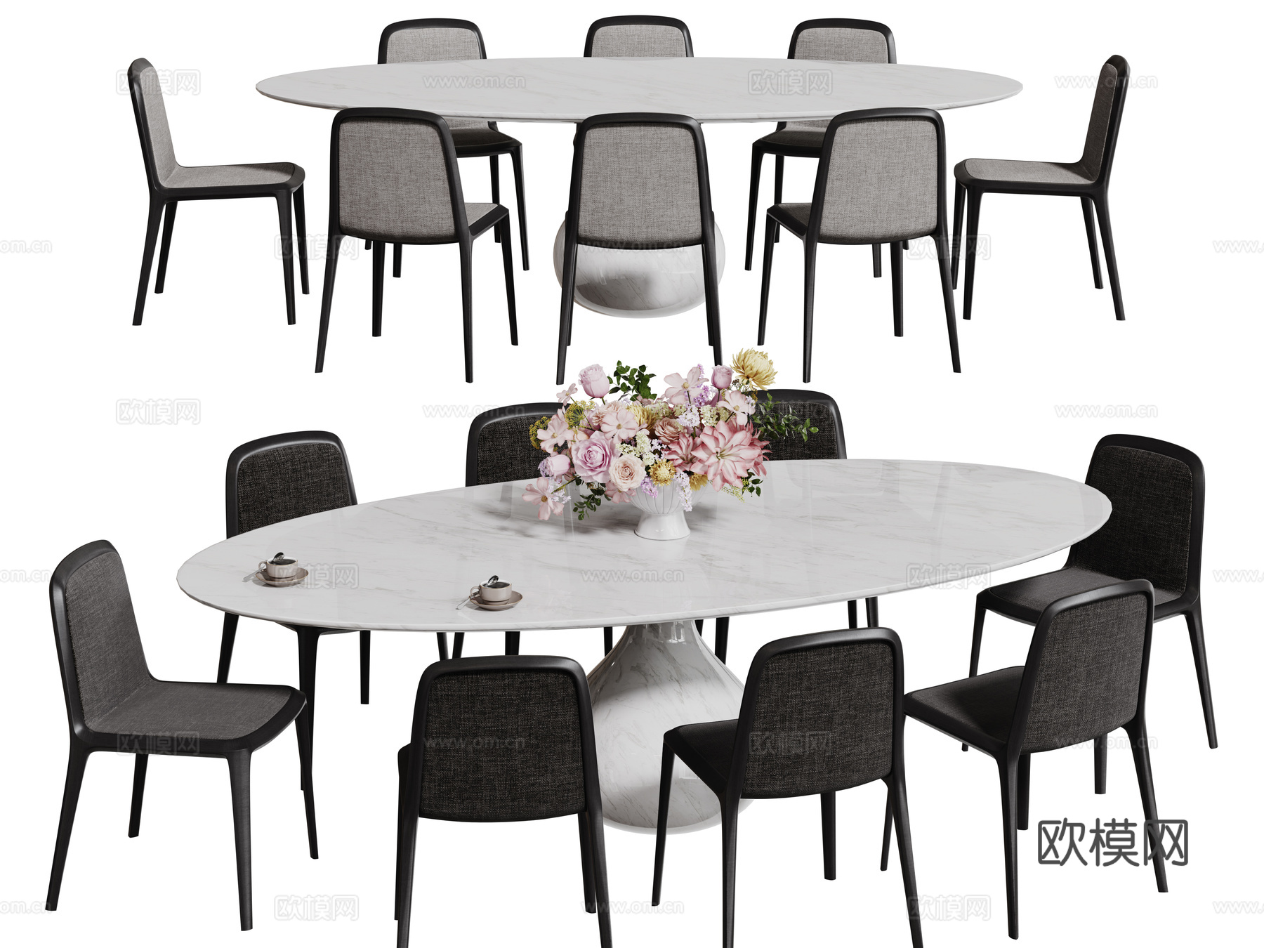 现代桌椅组合 餐桌组合 大理石餐桌 长桌 休闲桌椅su模型