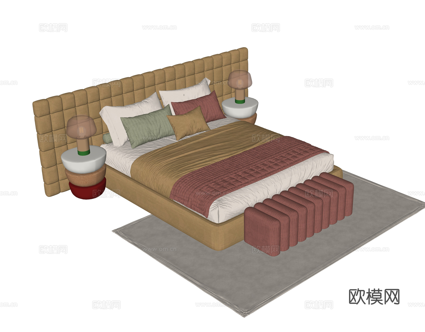 现代双人床 单人床su模型