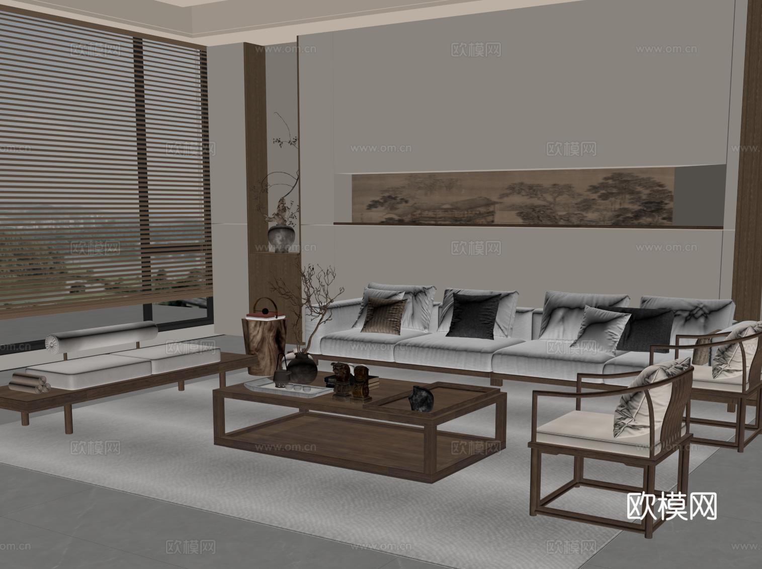 新中式客厅su模型