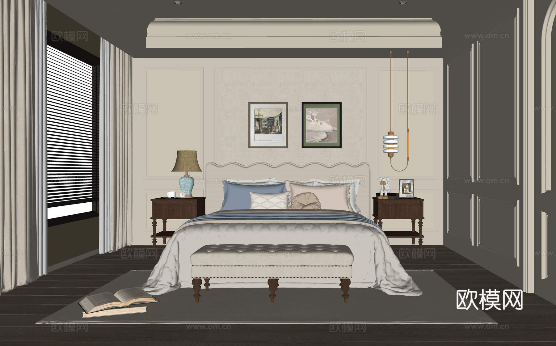 美式卧室 双人床 床尾凳 床头柜su模型
