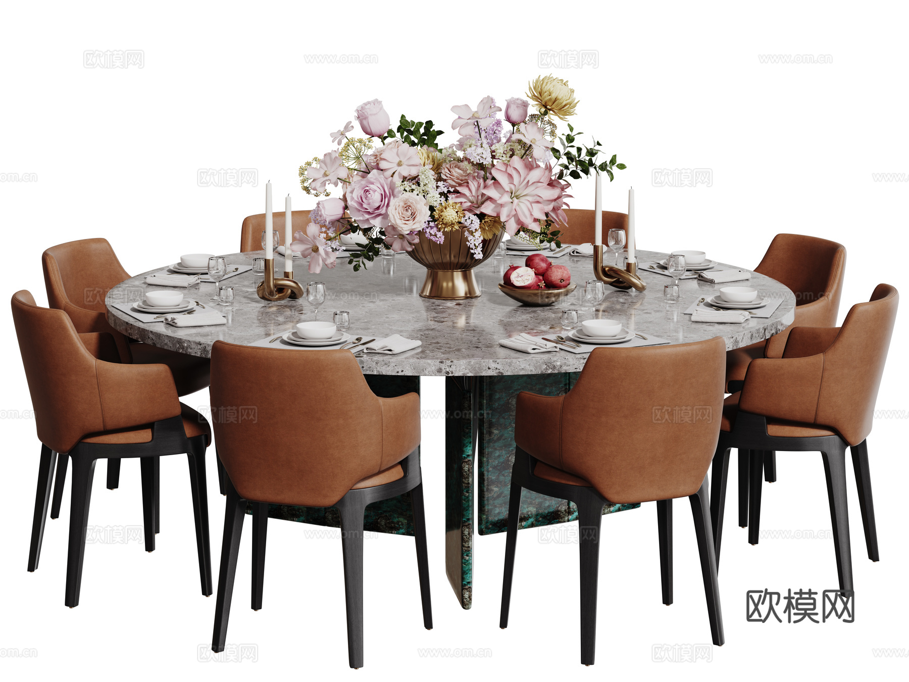 现代轻奢餐桌椅 餐桌组合 圆形餐桌 包厢餐桌椅 多人餐桌椅su模型