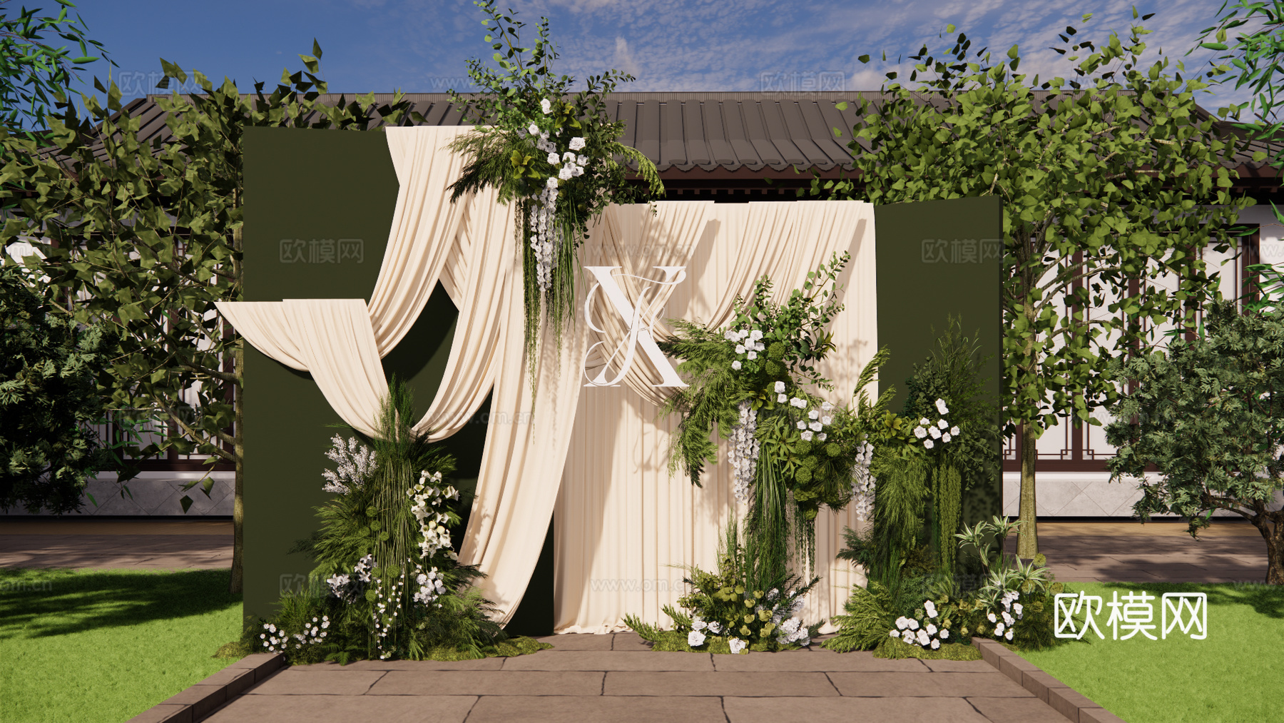 小众自然系白绿花艺婚礼布幔美陈su模型