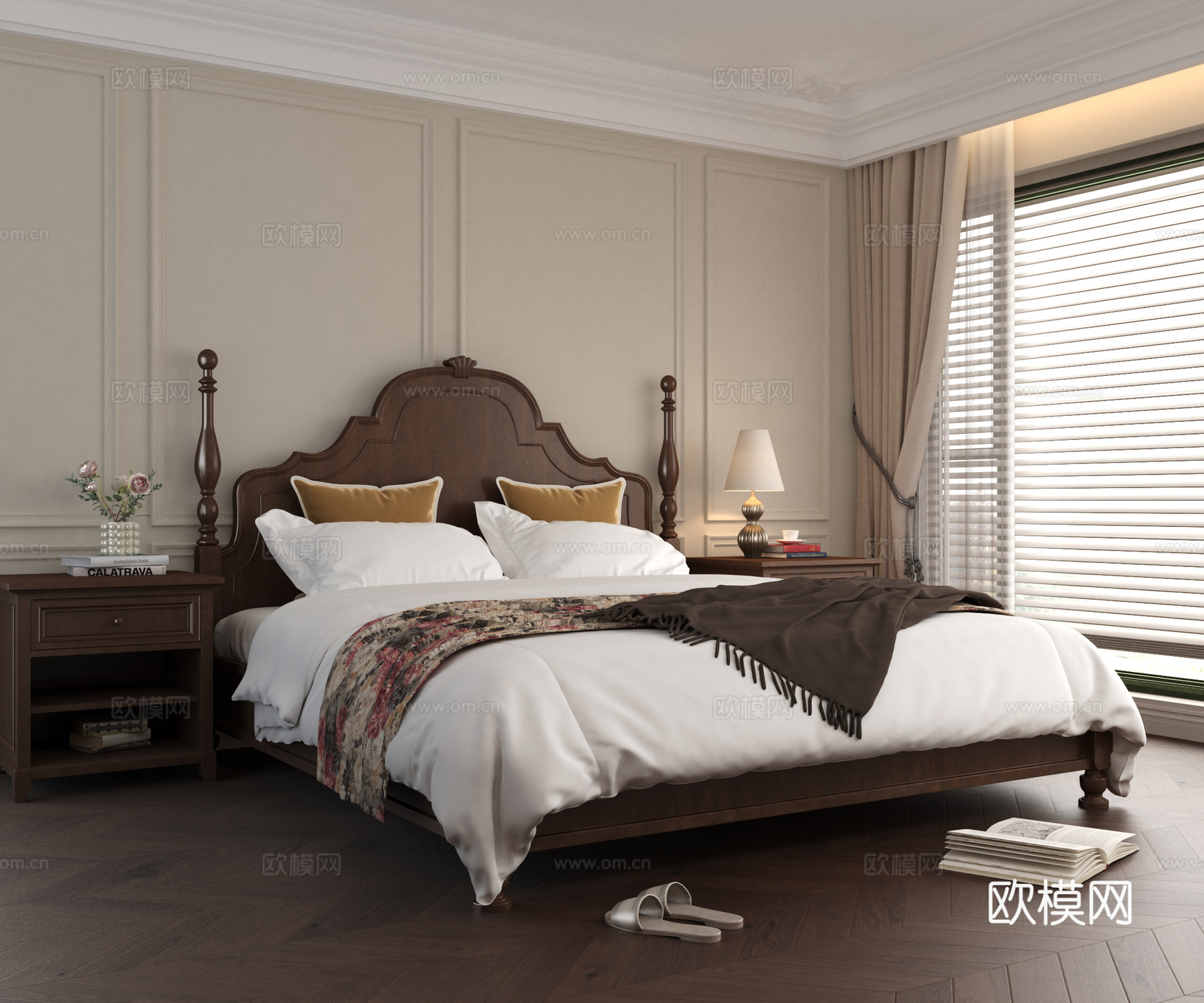 美式复古双人床3d模型下载