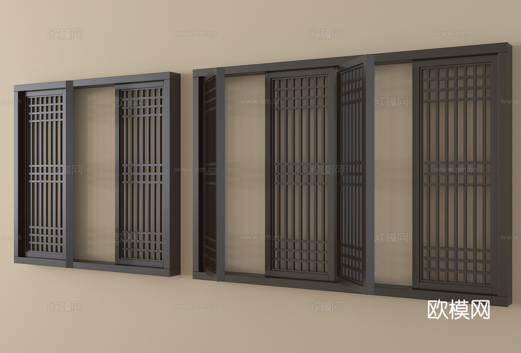 新中式镂空窗 平开窗 阳台窗su模型