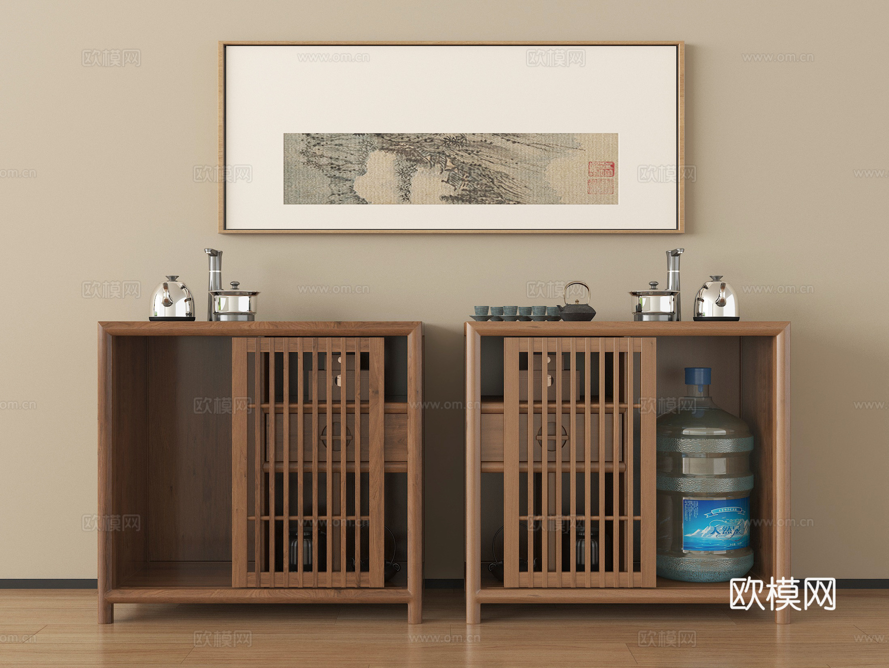 新中式茶柜 茶水柜 茶壶 茶具su模型