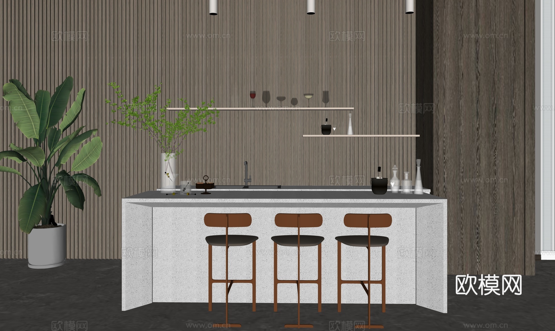 现代简约吧台组合 吧台 吧椅 饰品 酒瓶 酒水 绿植 摆件su模型