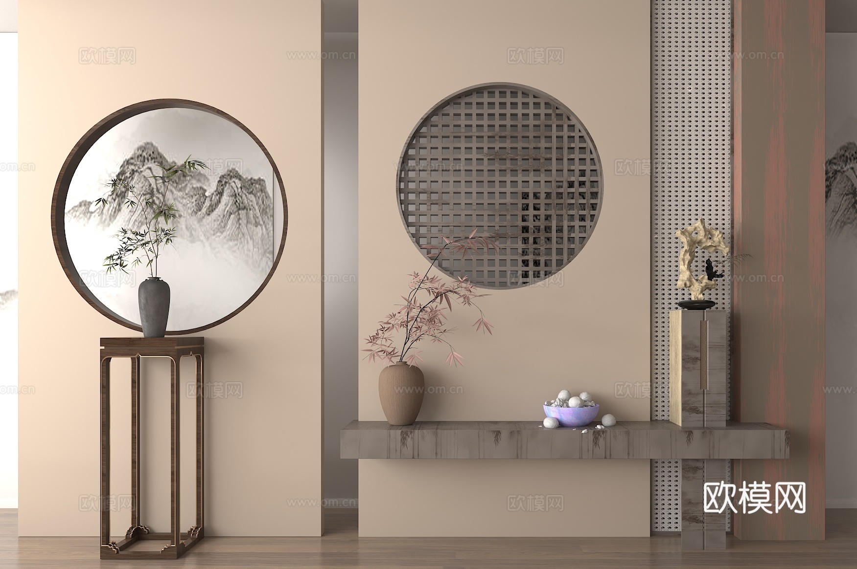 圆形装饰元素 中式玄关装饰 山水意境摆件 木质家具装饰su模型