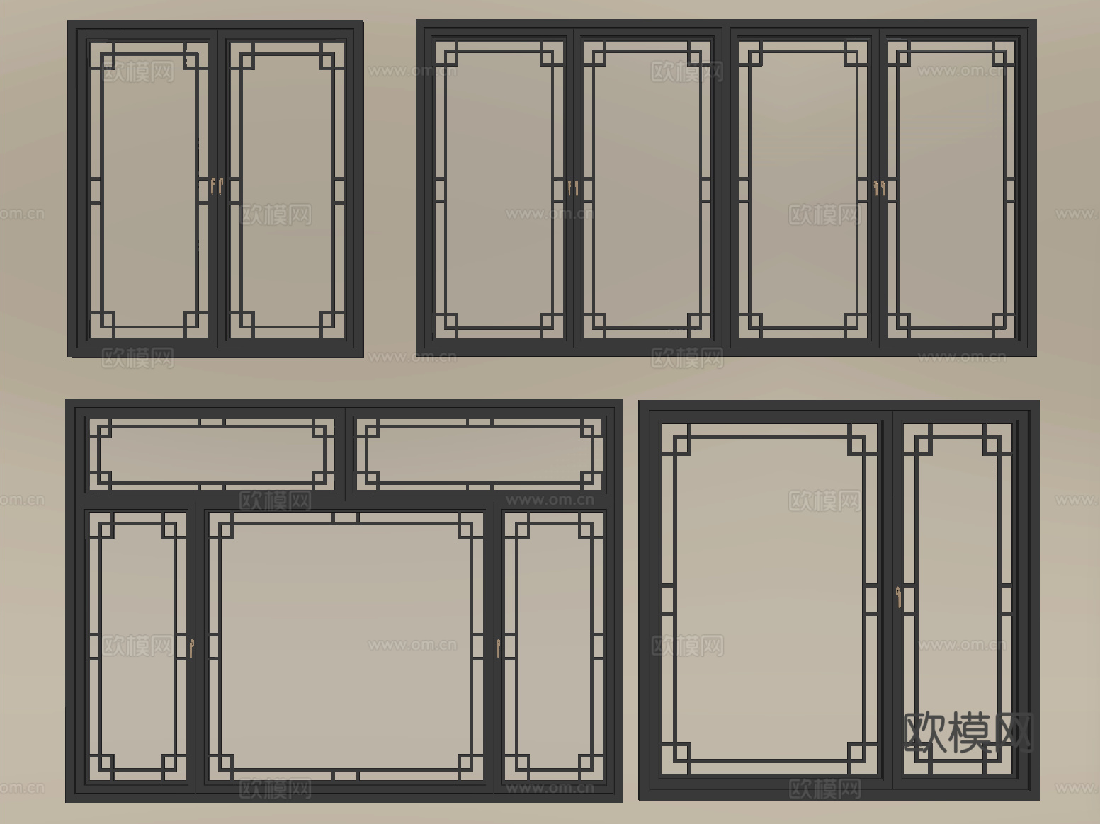 新中式镂空窗 平开窗 阳台窗su模型