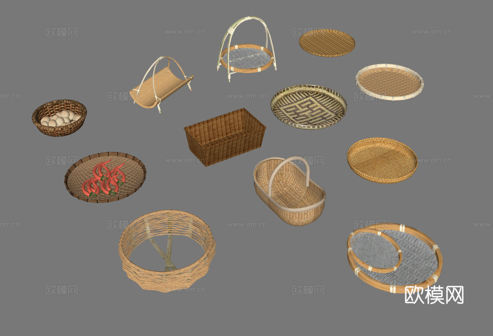 竹编收纳容器 传统手工竹篮 农家竹制器具 厨房收纳竹筐su模型
