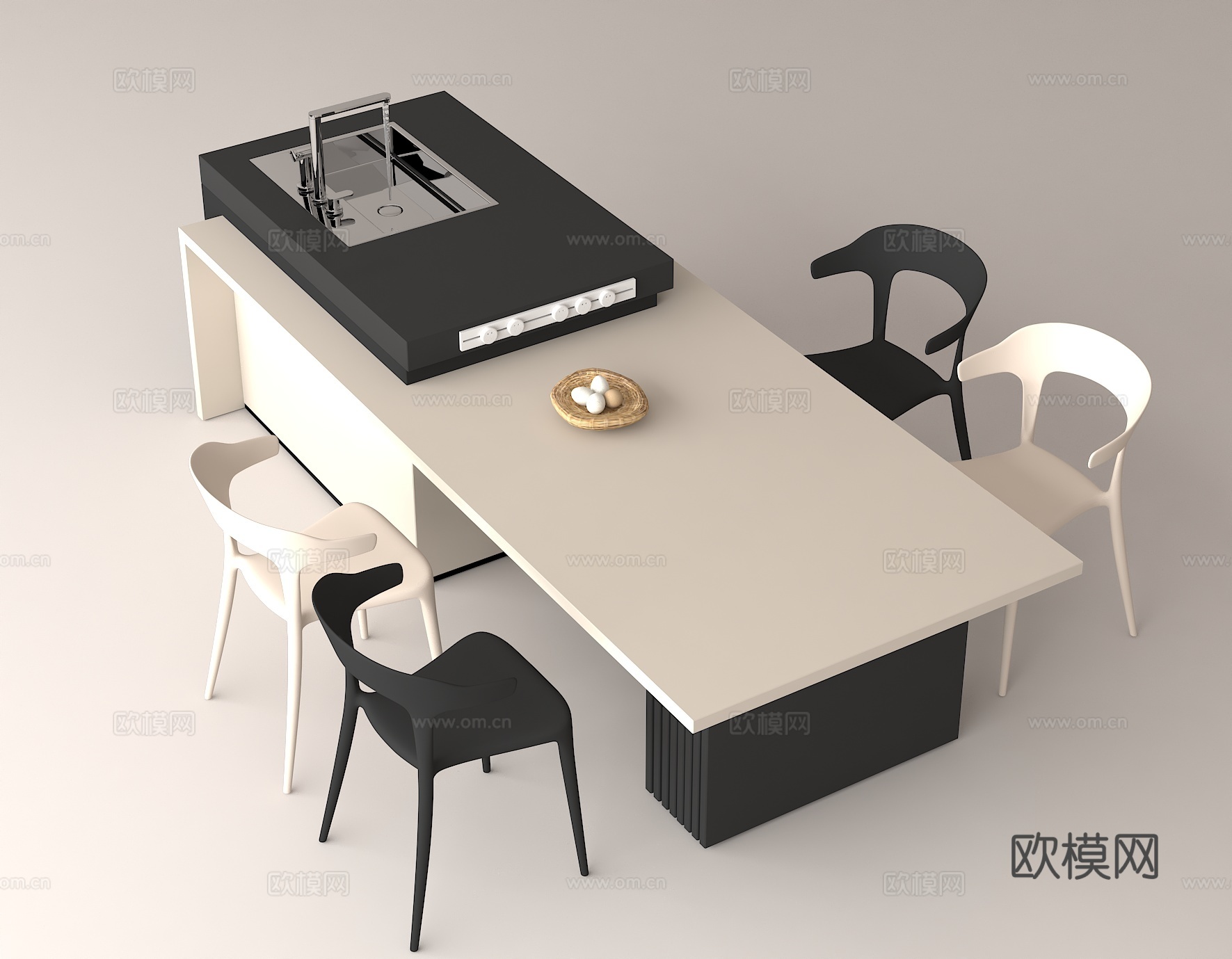现代厨房岛台 一体式厨房餐桌 黑白配色家具 开放式厨房家具su模型