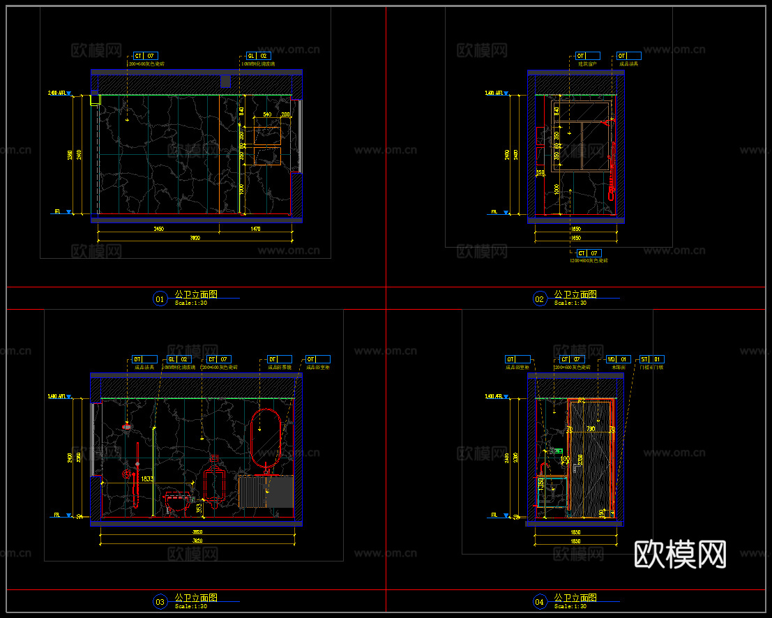 卫浴节点 卫生间墙面节点 卫生间平立面图 卫生间布局cad施工图下载（渲染图3）