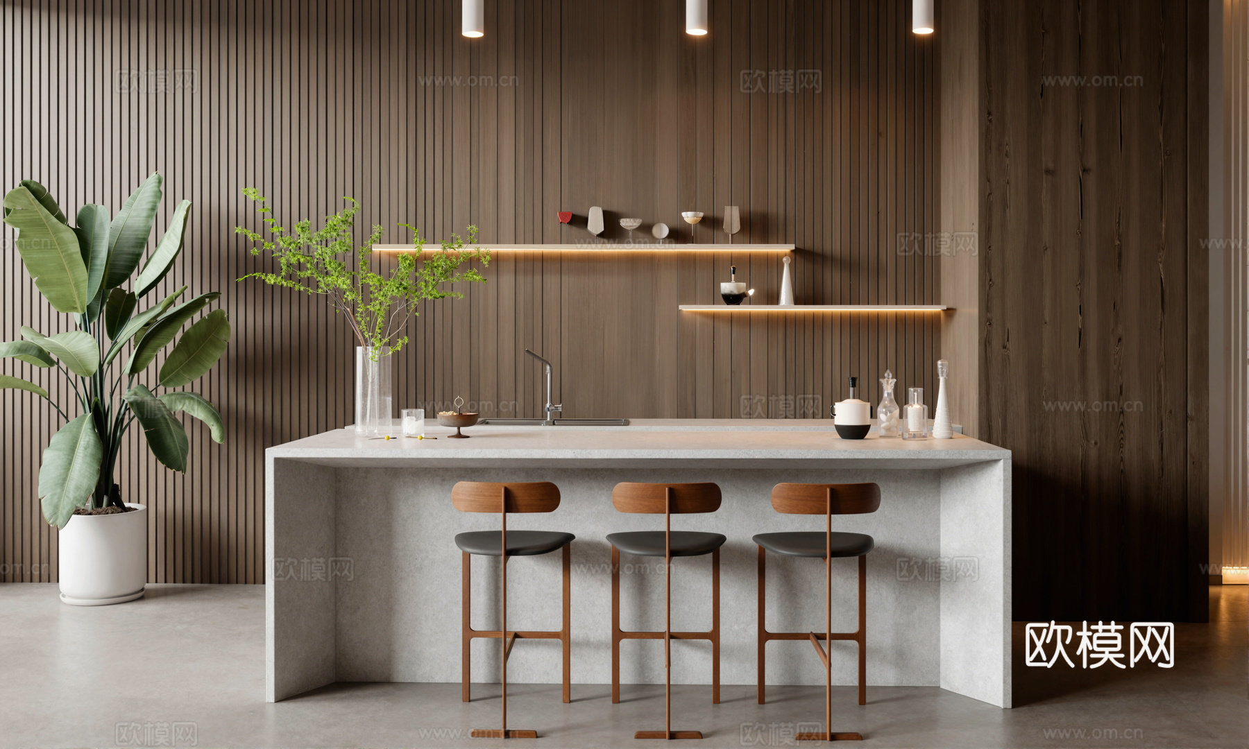 现代简约吧台组合 吧台 吧椅 饰品 酒瓶 酒水 绿植 摆件su模型