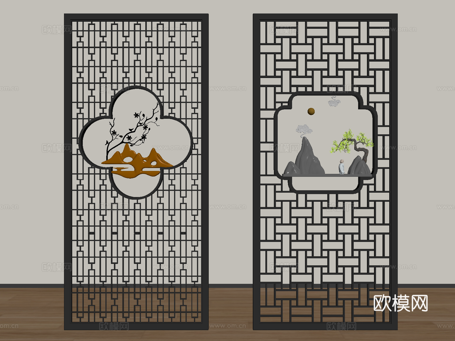 新中式屏风隔断 花格屏风隔断su模型