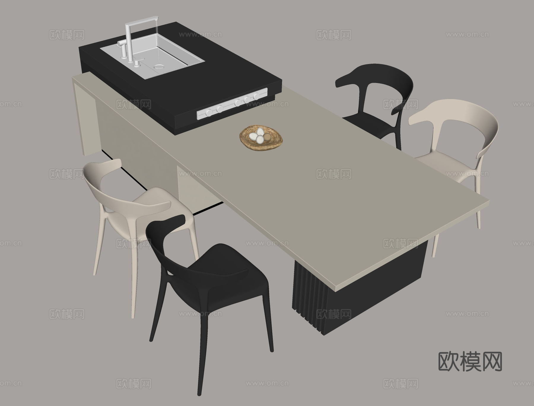 现代厨房岛台 一体式厨房餐桌 黑白配色家具 开放式厨房家具su模型