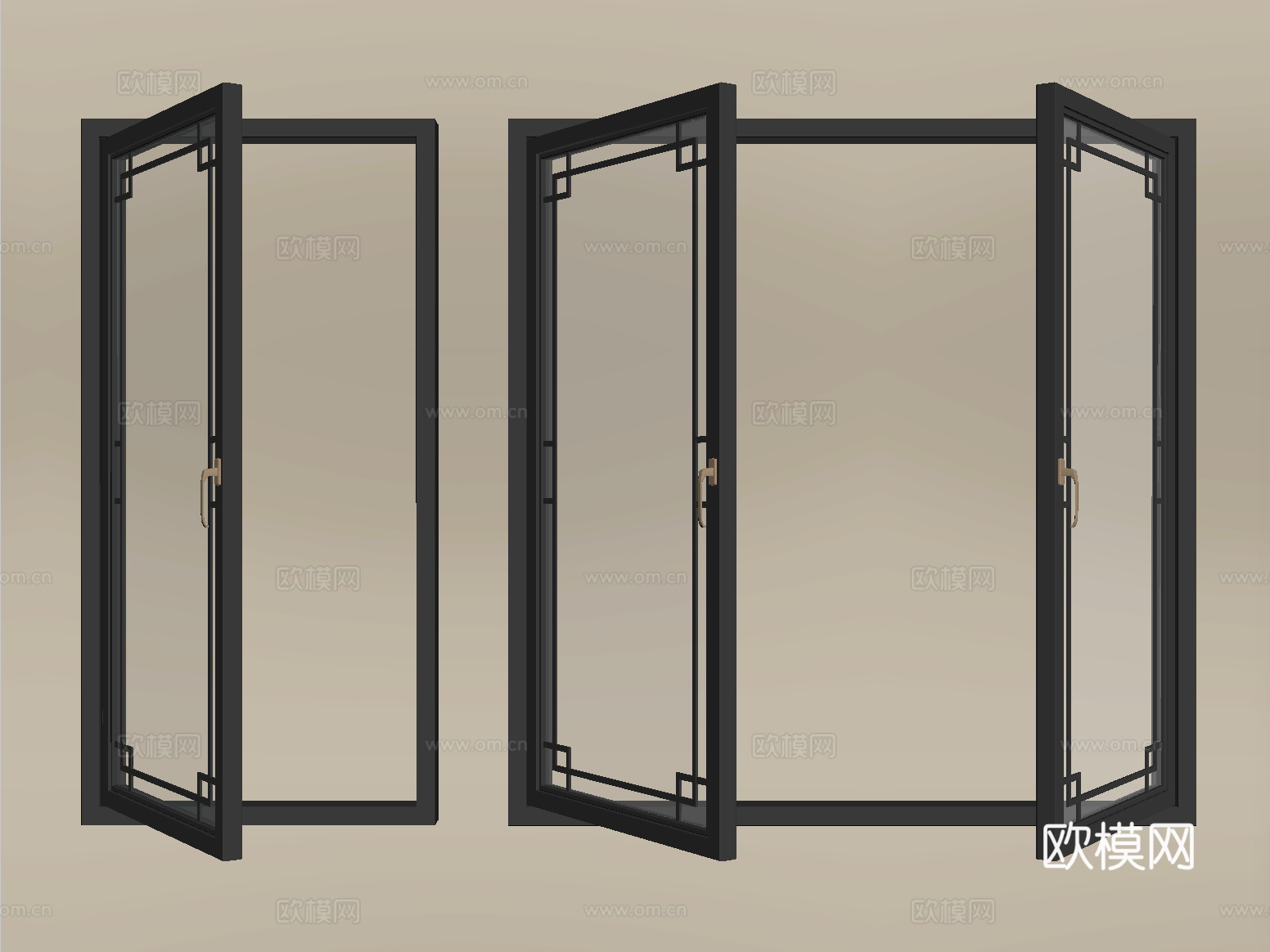 新中式镂空窗 平开窗 阳台窗su模型