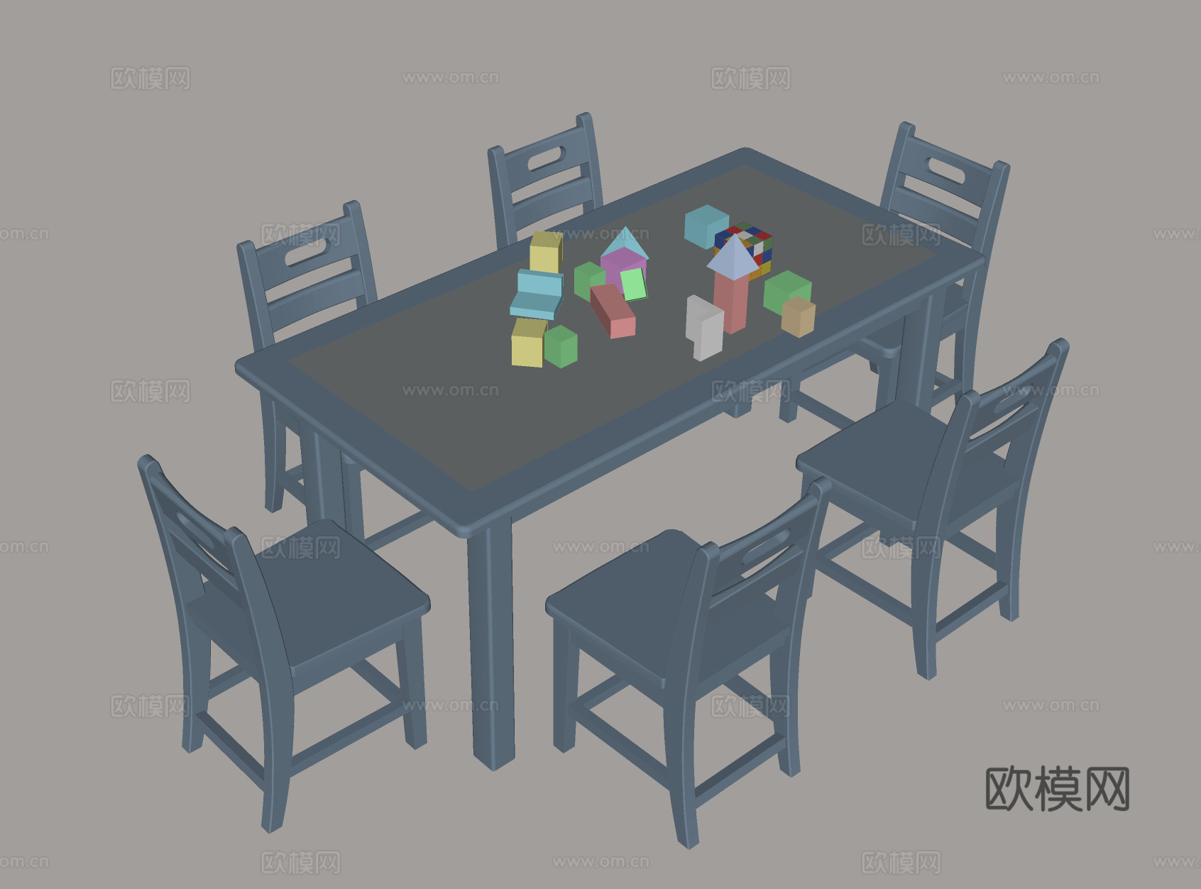 儿童桌椅 实木学习桌 幼儿园桌椅 益智积木桌 亲子互动桌椅su模型