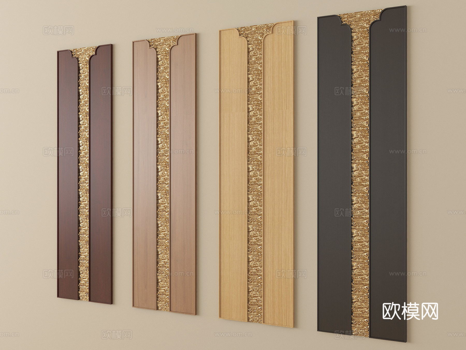 新中式雕花护墙板 云纹雕花实木背景墙板su模型