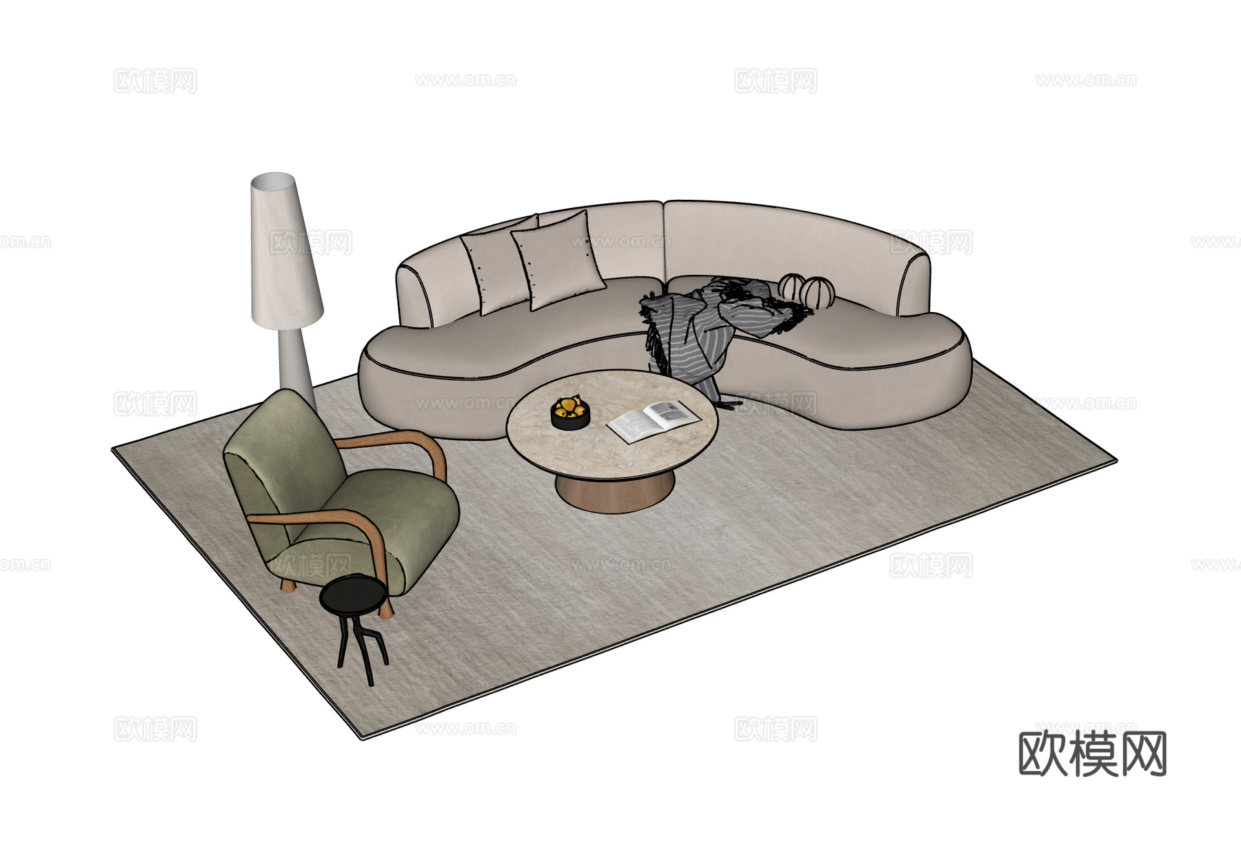 现代沙发茶几组合 弧形沙发 休闲椅 落地灯 茶几 地毯su模型