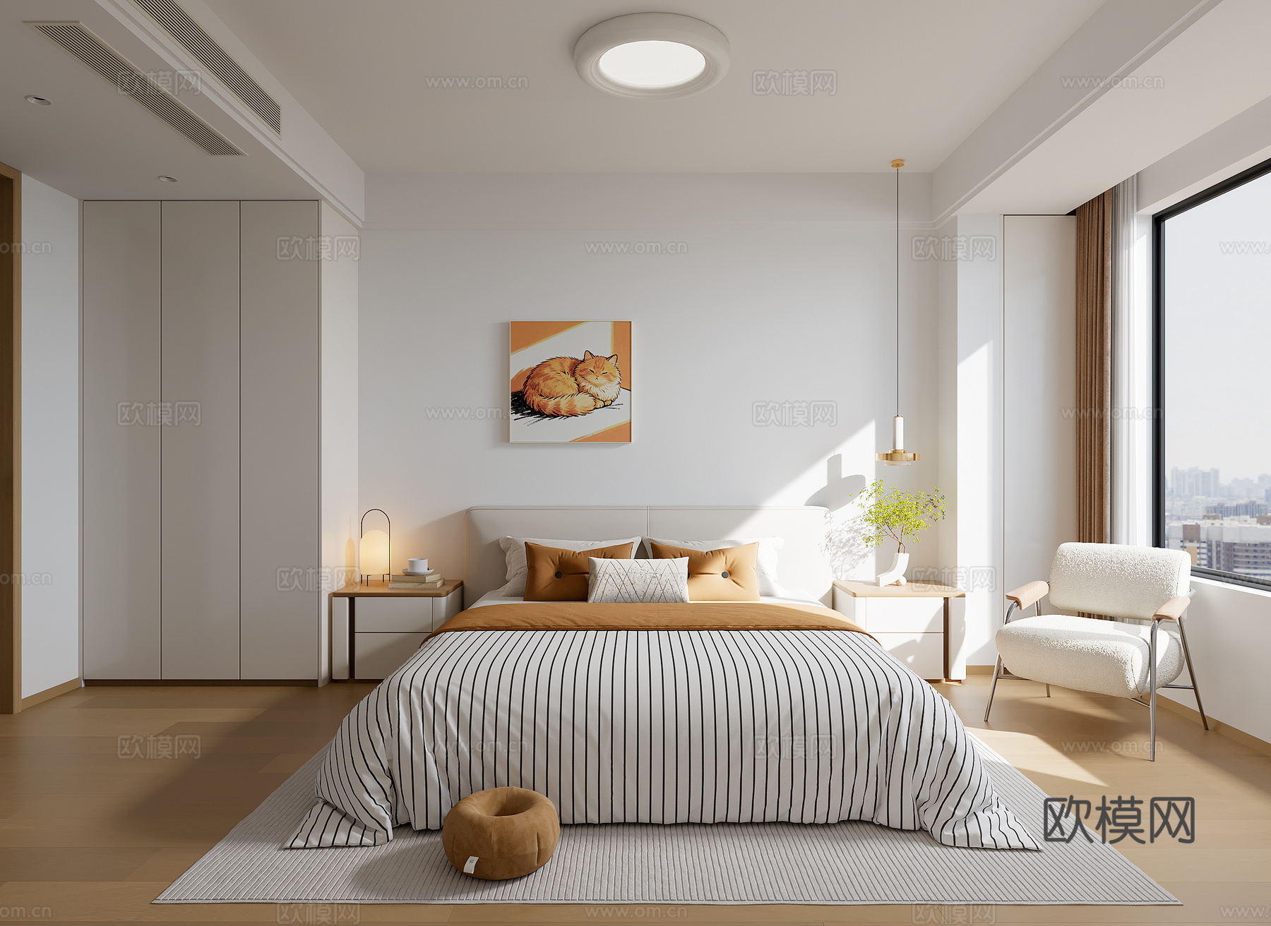 现代原木风卧室su模型