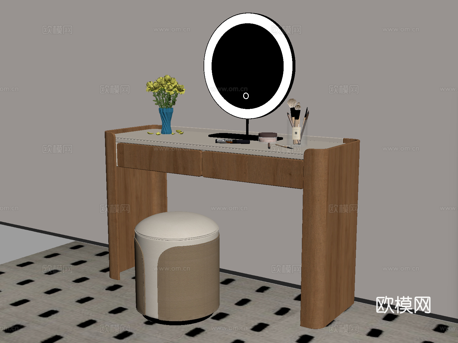 现代梳妆台 化妆镜 化妆品su模型