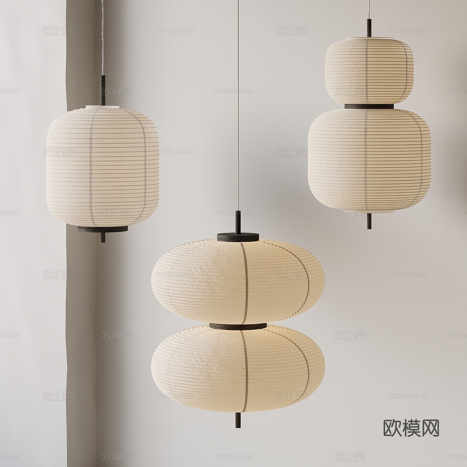 侘寂风日式灯笼 野口勇吊灯 日式吊灯 双层纸灯su模型