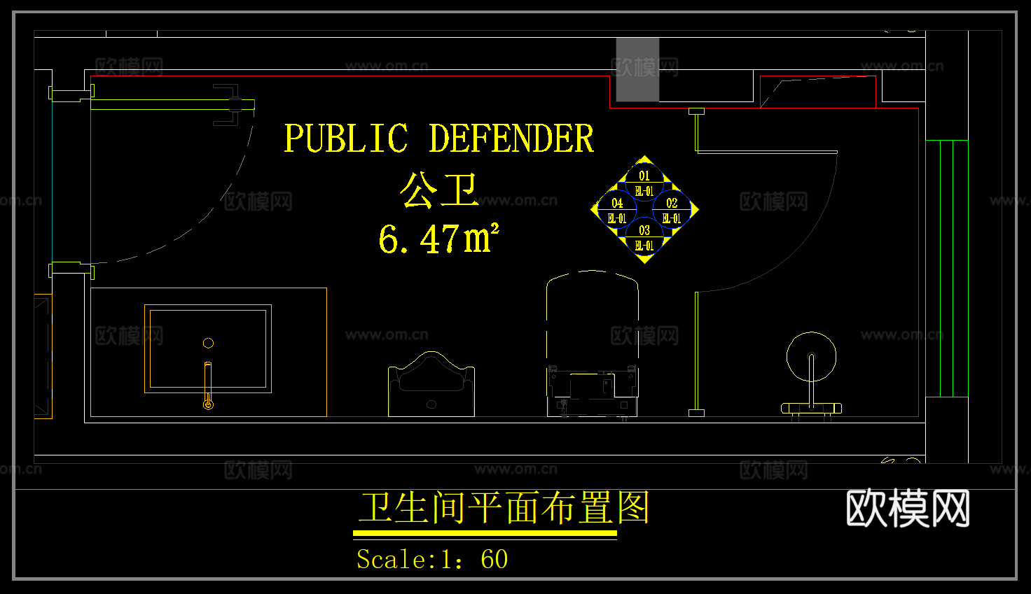 卫浴节点 卫生间墙面节点 卫生间平立面图 卫生间布局cad施工图下载（渲染图2）