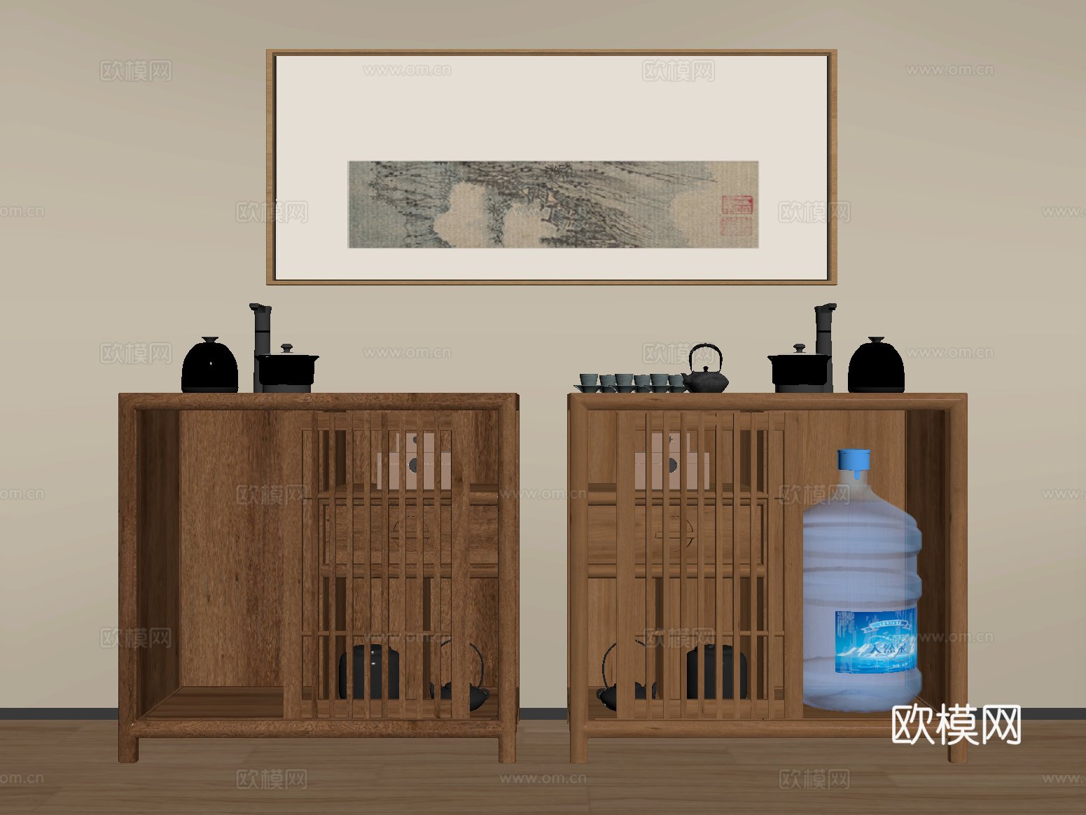 新中式茶柜 茶水柜 茶壶 茶具su模型