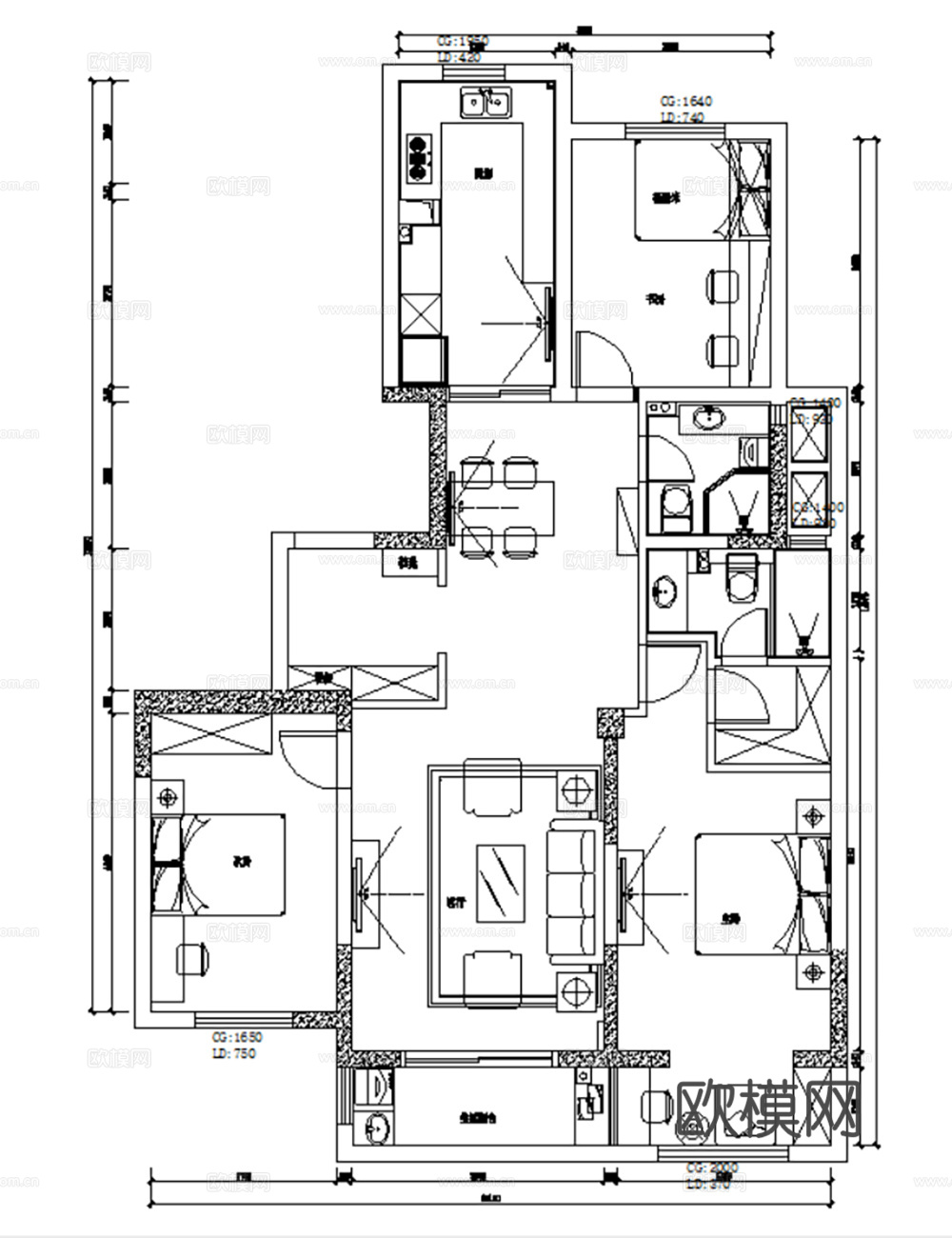 10套美式古典风格样板间平层大户型小户型CAD施工图附效果图cad施工图