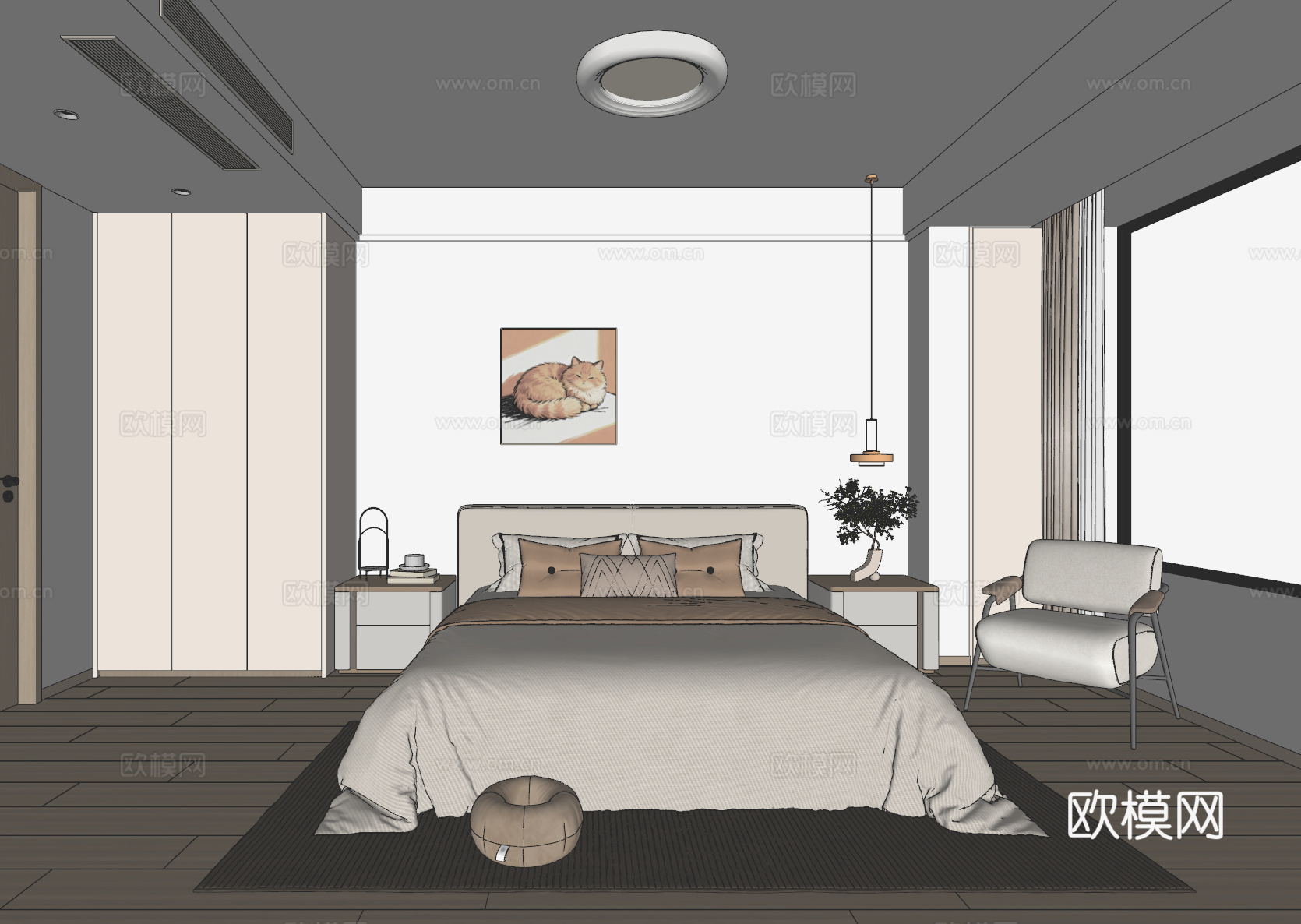 现代原木风卧室su模型