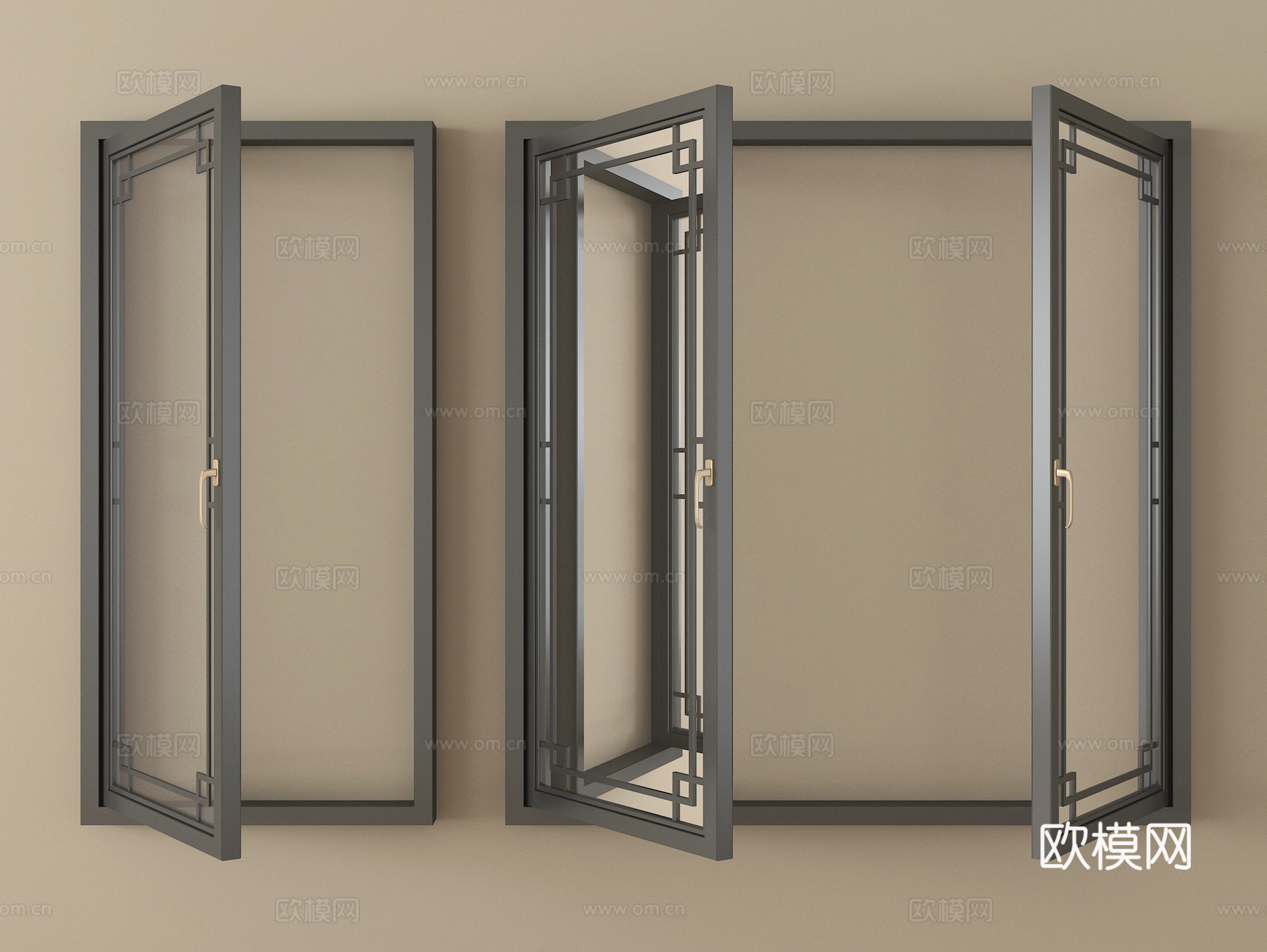 新中式镂空窗 平开窗 阳台窗su模型