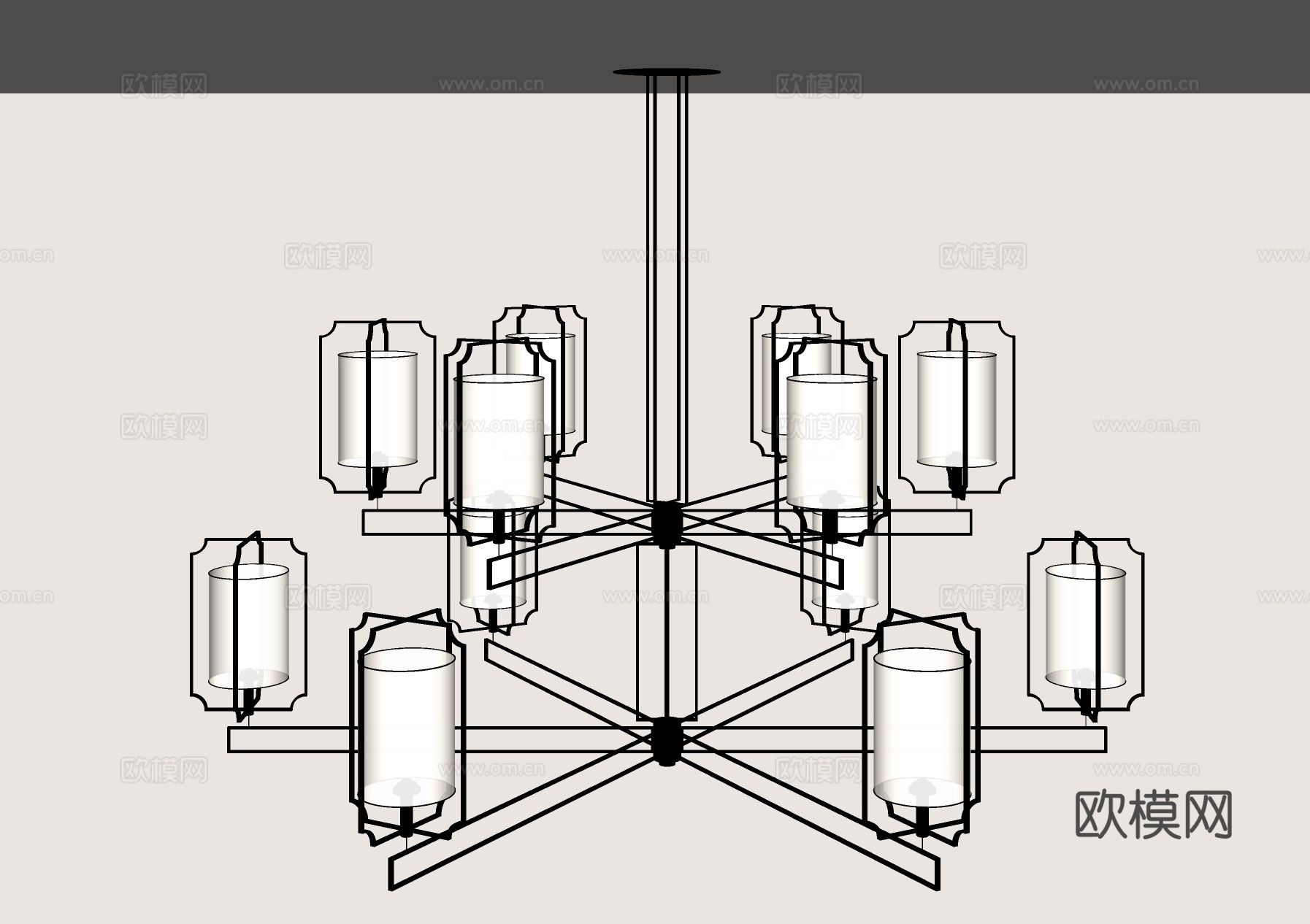 新中式吊灯 金属框架吊灯 布艺灯罩灯 多头吊灯 东方美学灯具su模型