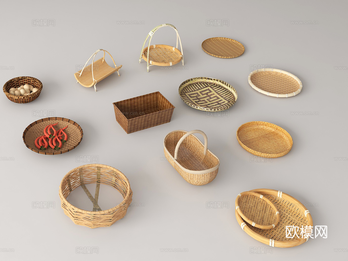 竹编收纳容器 传统手工竹篮 农家竹制器具 厨房收纳竹筐su模型