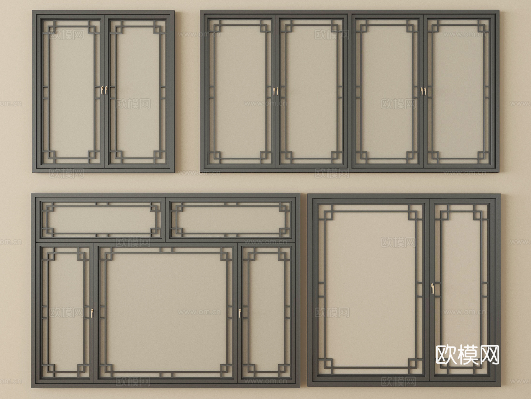 新中式镂空窗 平开窗 阳台窗su模型