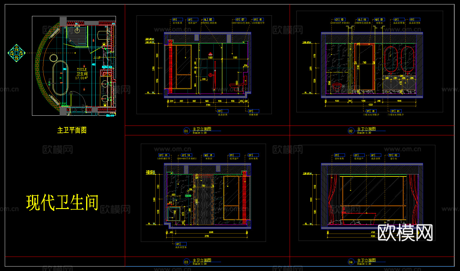 卫生间平面图 卫生间立面图 卫浴布局 卫生间节点cad施工图下载（渲染图2）