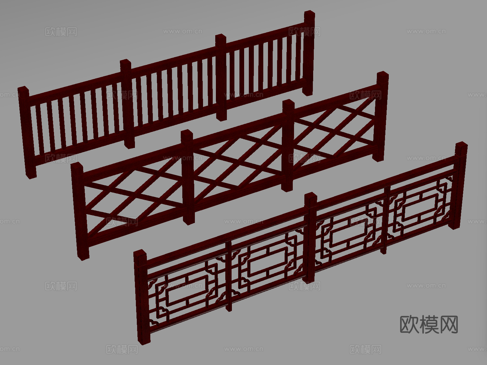 新中式栏杆护栏 栅栏围栏 实木围栏护栏su模型