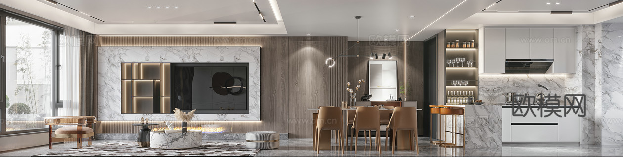 轻奢大平层 样板间 最新全套施工图 效果图合集cad施工图下载（渲染图3）