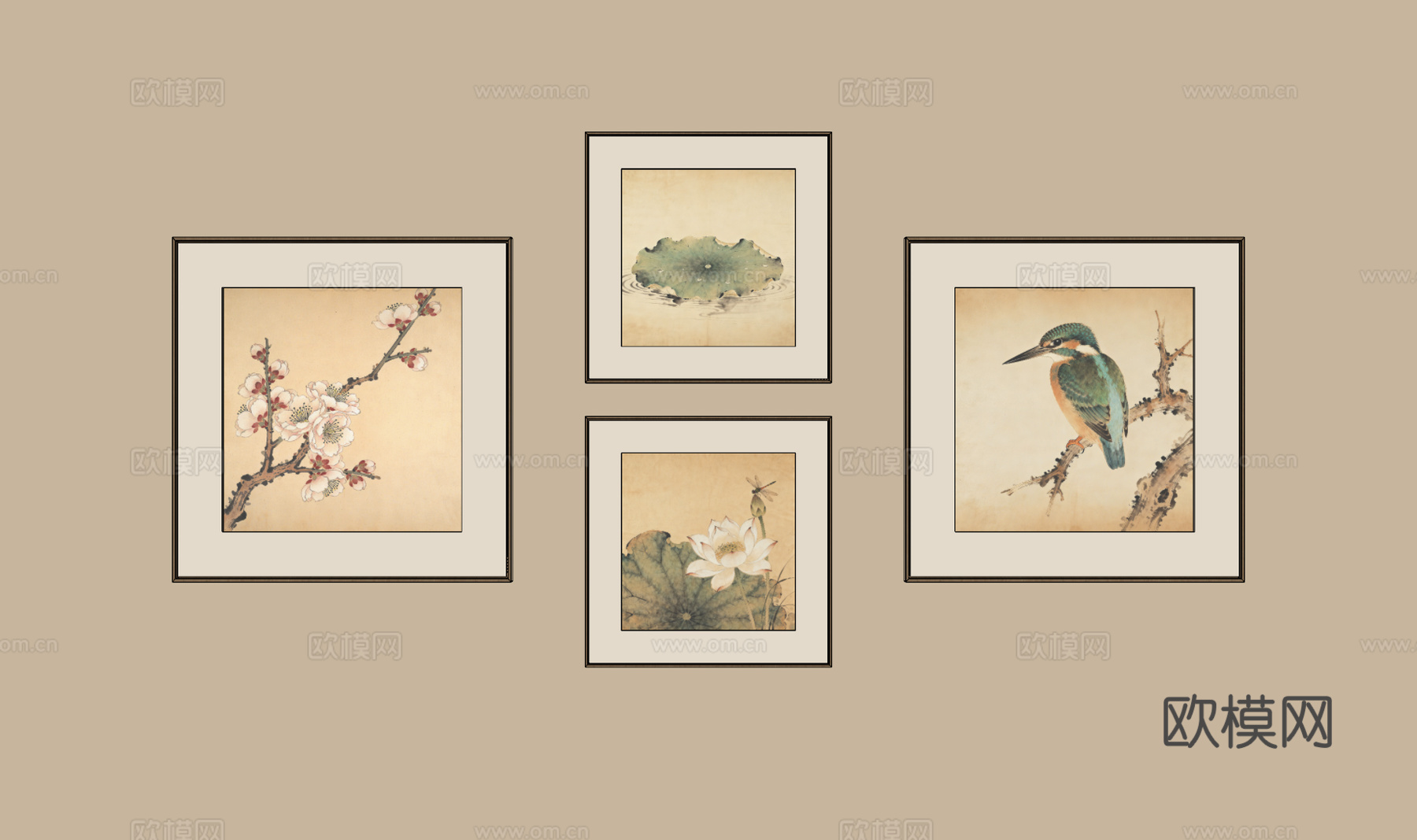 新中式组合挂画su模型