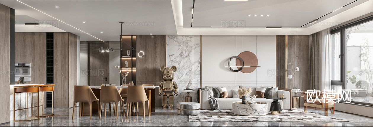 轻奢大平层 样板间 最新全套施工图 效果图合集cad施工图下载（渲染图1）