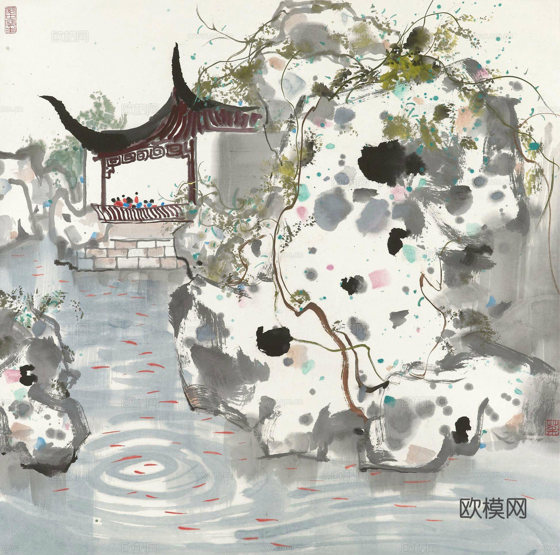吴冠中绘画作品，写意水墨画，近现代水墨画，写意江南古镇水墨画下载