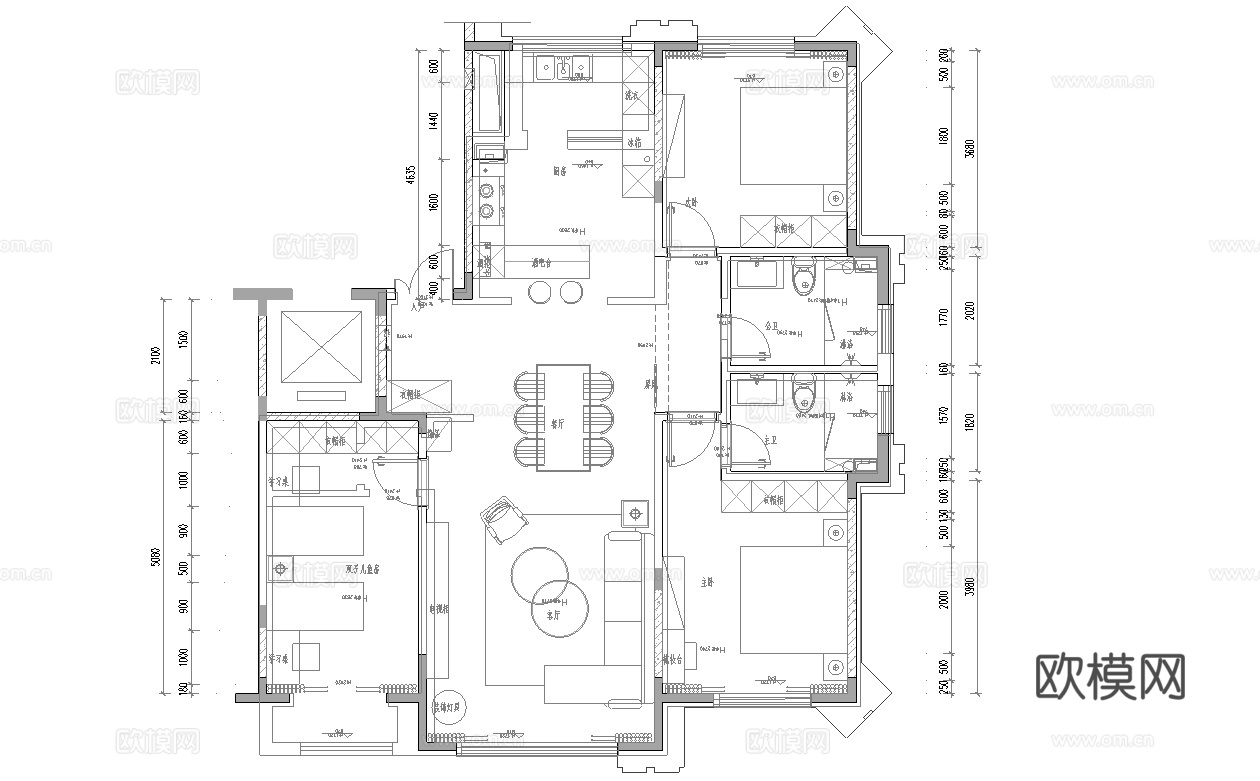 轻奢大平层 样板间 最新全套施工图 效果图合集cad施工图下载（渲染图4）