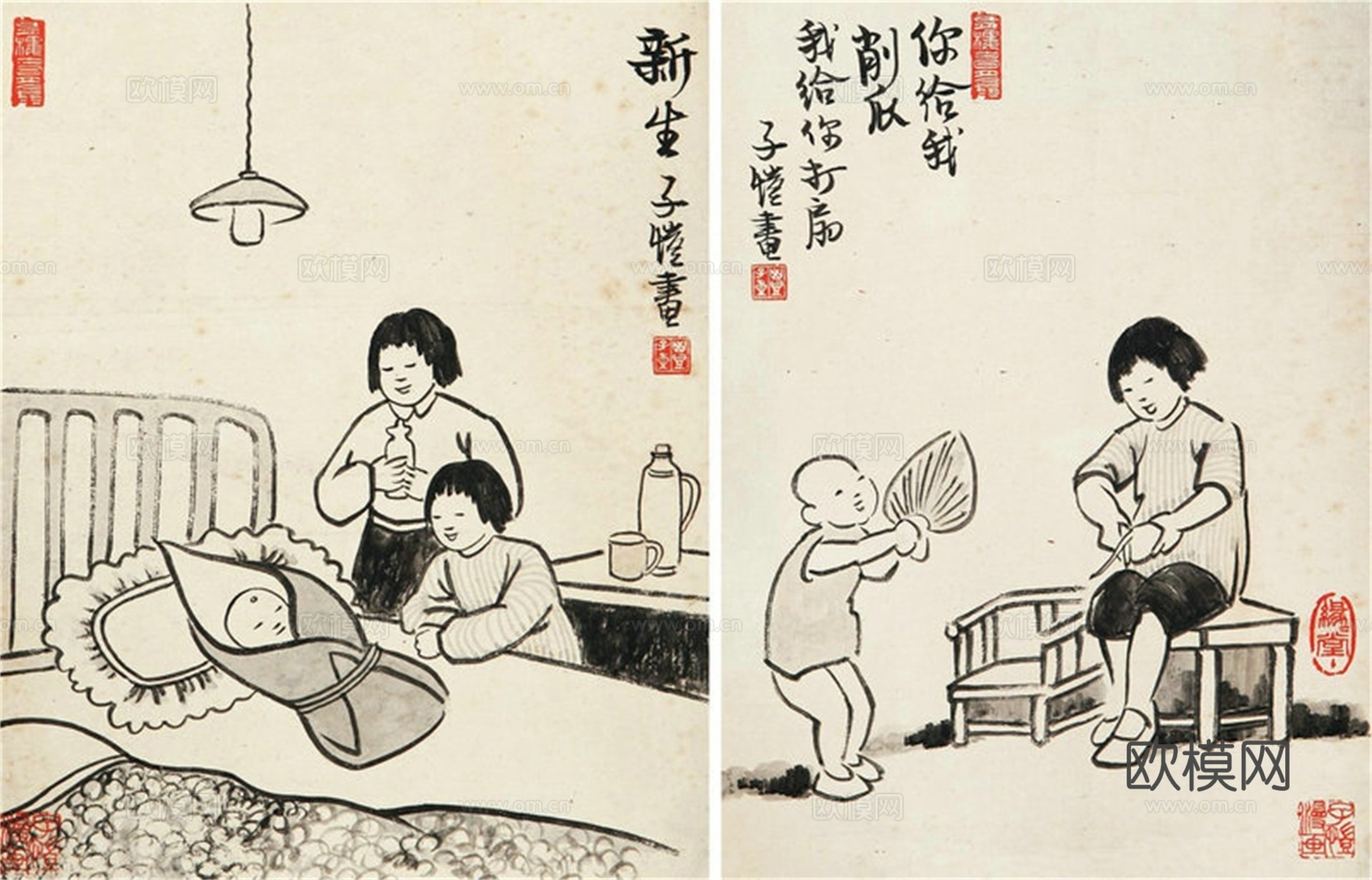 丰子恺水墨绘画作品，写意水墨画，水墨风漫画7下载