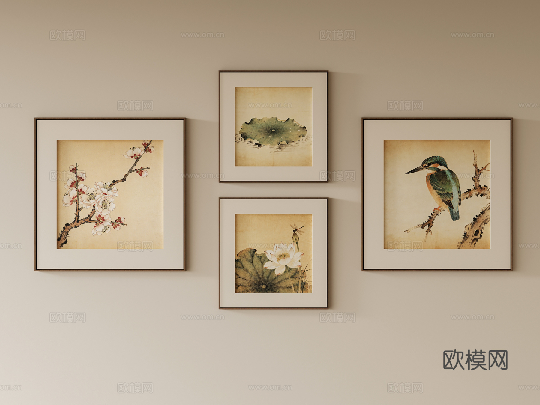 新中式组合挂画su模型