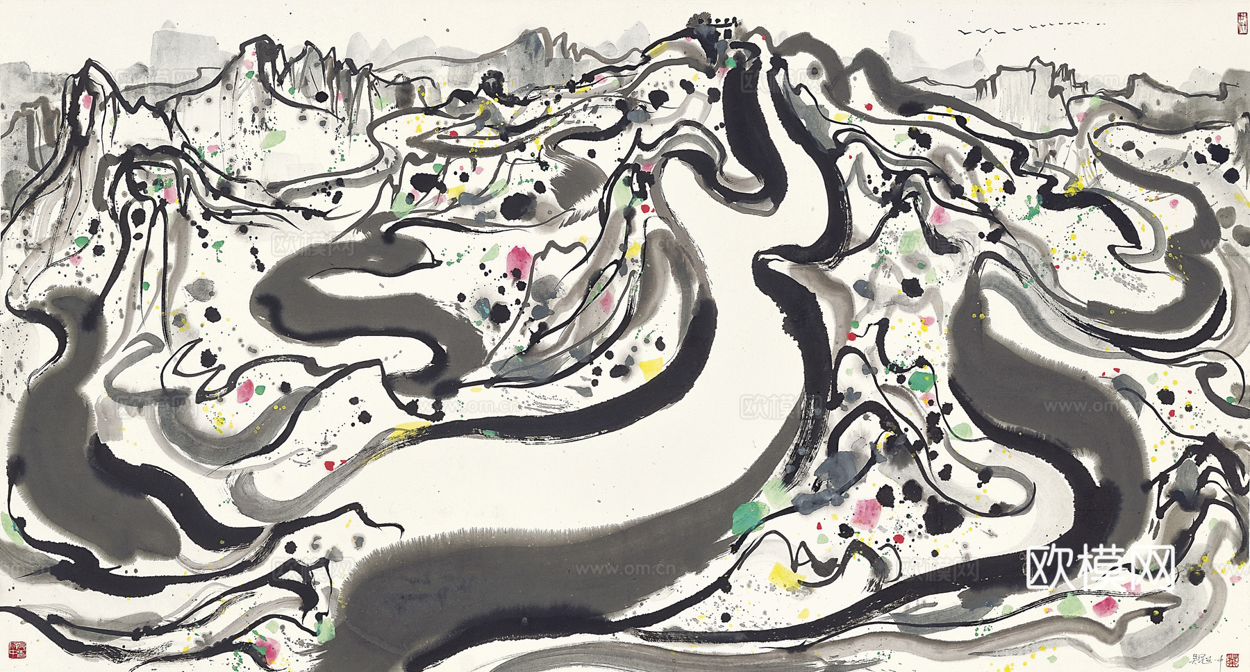 吴冠中绘画作品，写意水墨画，近现代水墨画，写意江南古镇水墨画下载