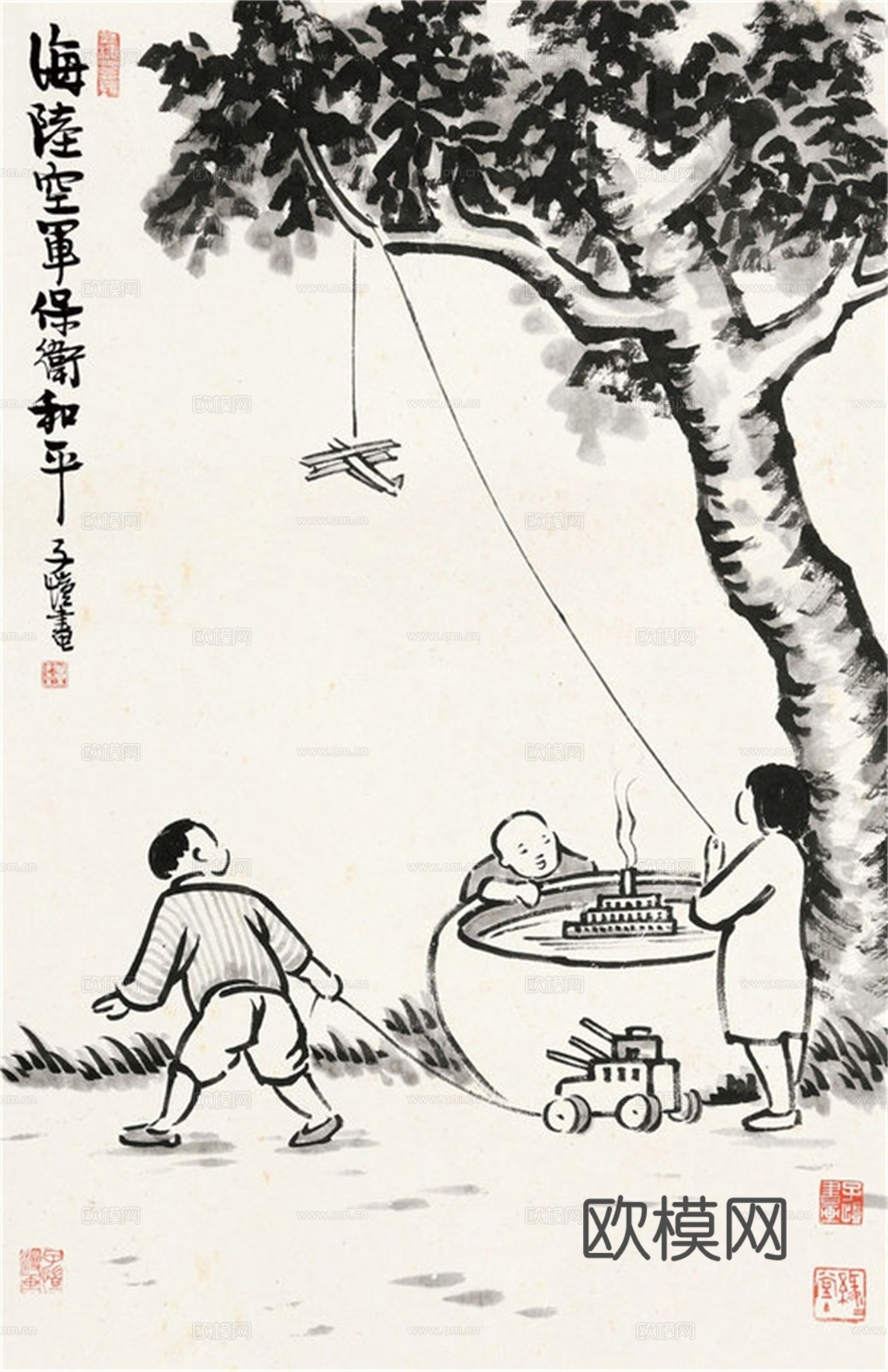 丰子恺水墨绘画作品，写意水墨画，水墨风漫画6下载