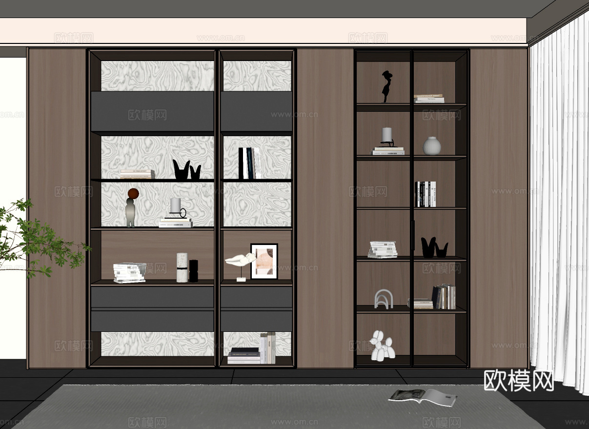 现代意式书柜  客厅书柜  书房书柜  书柜书架  玄关柜su模型