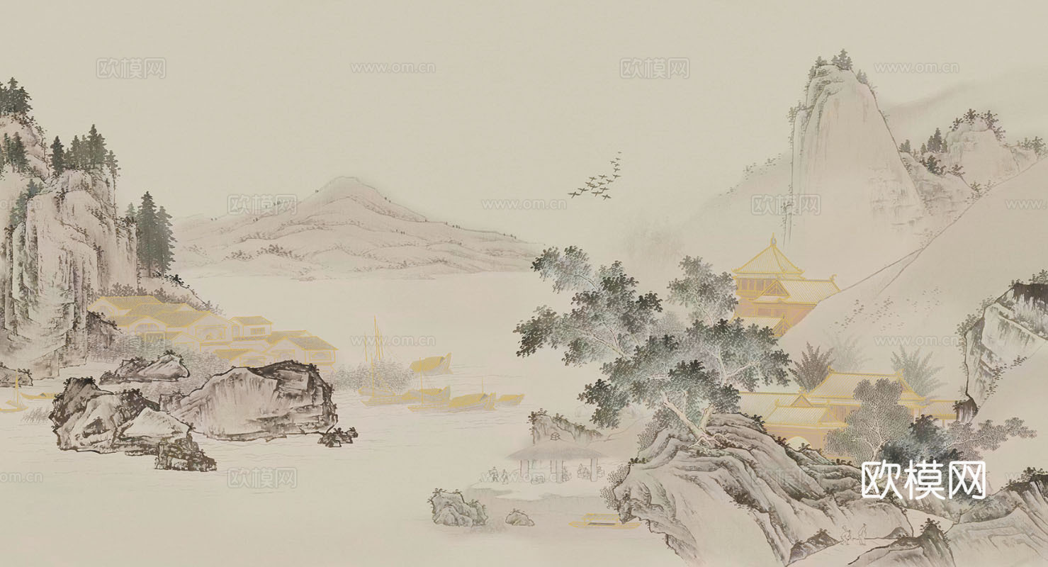 新中式手绘_写意山水_壁画背景墙